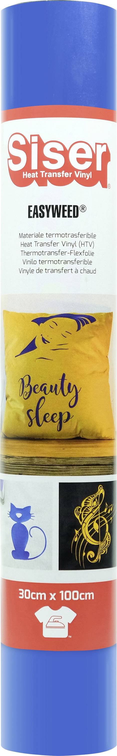 A blue roll labeled 'Siser' with 'Easyweed' on it. Images show a yellow pillow with 'Beauty Sleep', a blue cat, and a yellow guitar graphic.