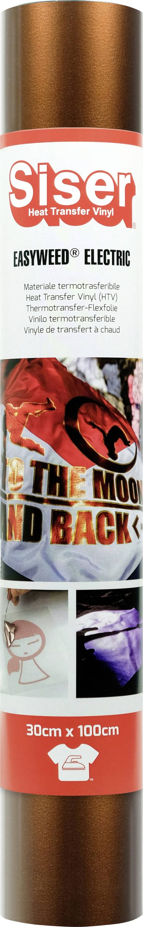 A roll of Siser EasyWeed Electric heat transfer vinyl in brown, featuring an instructional photo collage, sized 30cm x 100cm.