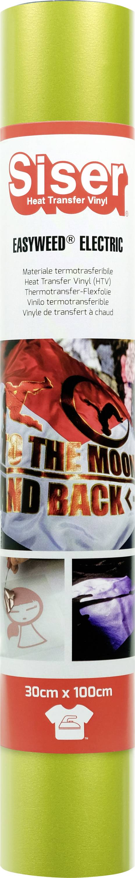 A roll of Siser 'Easyweed Electric' heat transfer vinyl in green, with images of fabric applications, text 'The Moon and Back', size 30cm x 100cm.