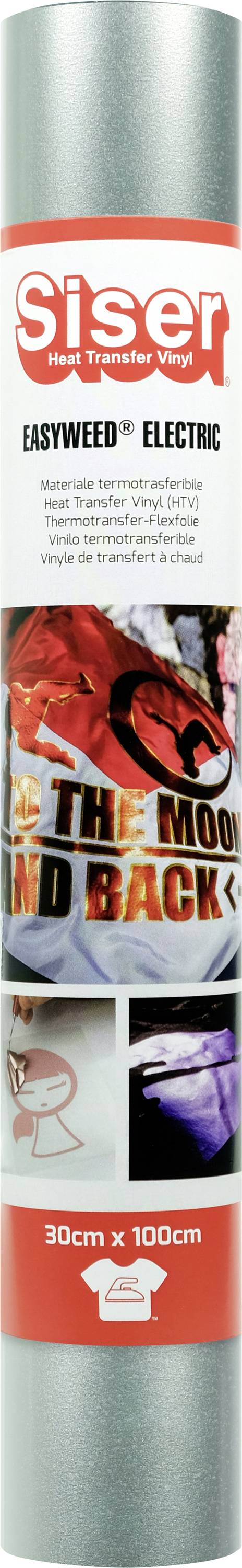 'EasyWeed Electric Heat Transfer Vinyl' by Siser. Roll measuring 30cm x 100cm, silver finish, used for vibrant garment designs.