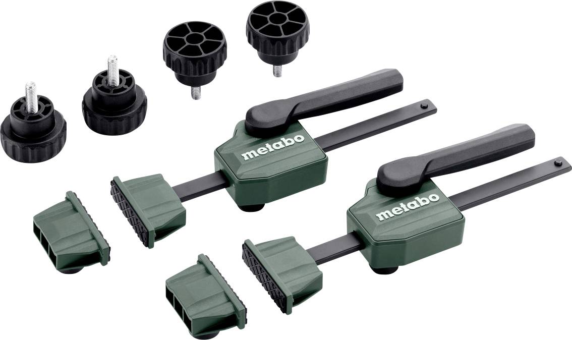 Two green Metabo clamp-style rail adapters with black handles and four interchangeable mounting heads shown above them.