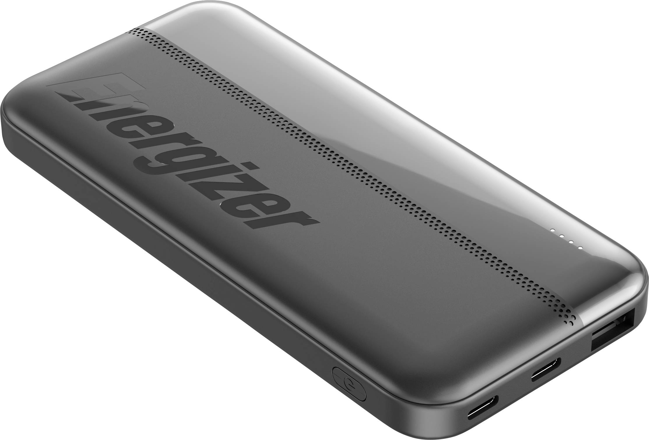 A sleek black portable power bank with the Energizer logo, featuring two USB ports and a power button on the side.