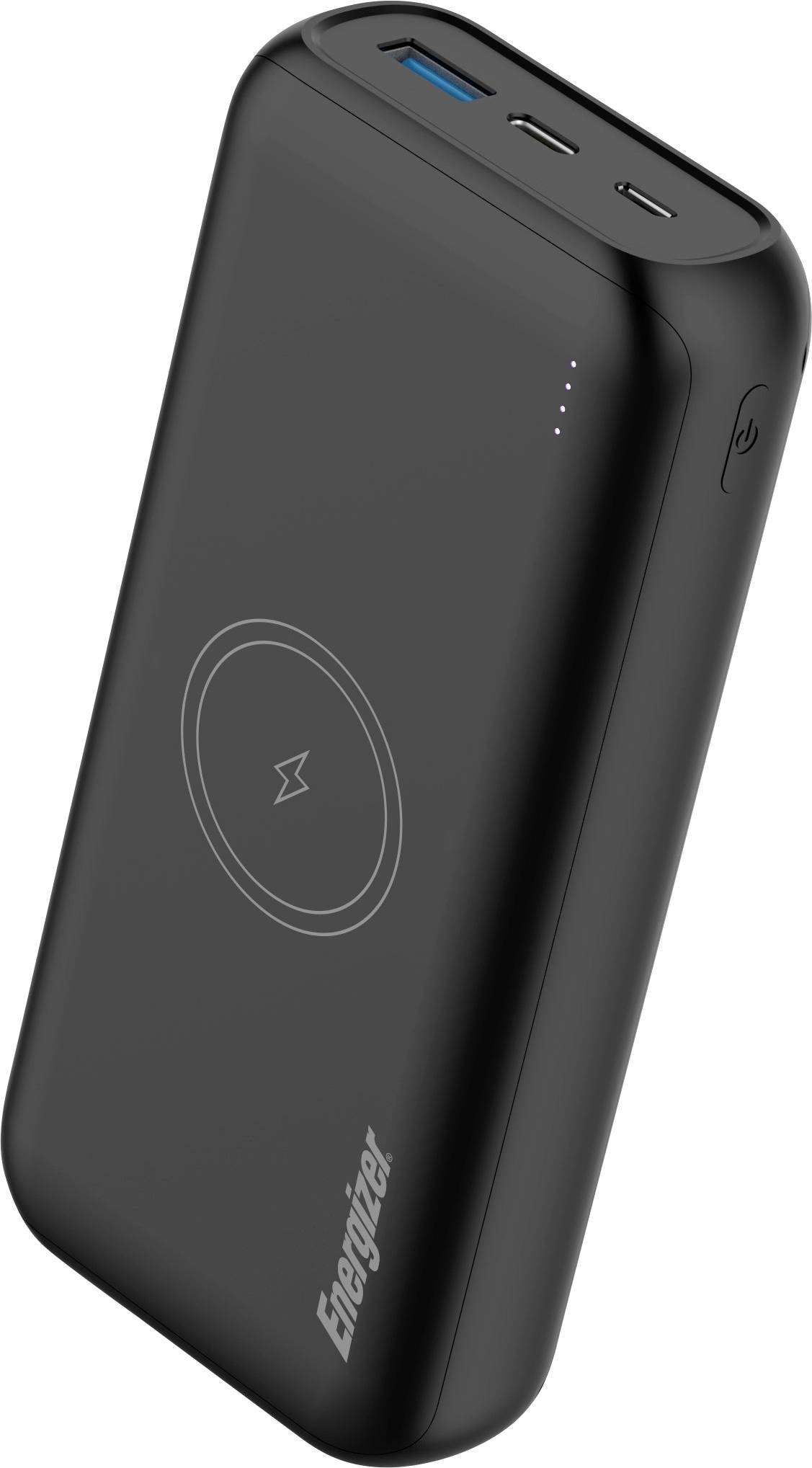 Black portable power bank with a wireless charging pad and three USB ports, one USB-A and two USB-C. Manufacturer logo reads 'Energizer'.