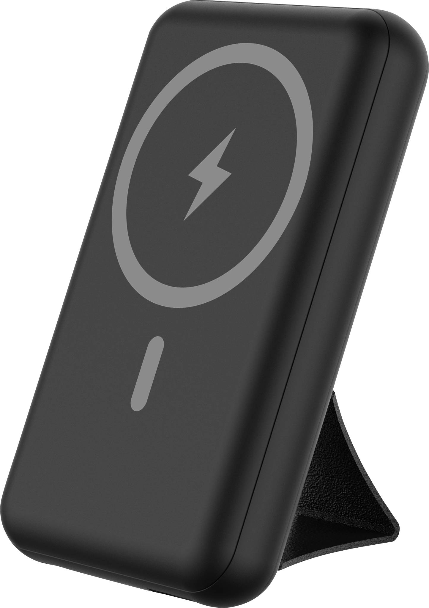 A black portable wireless charging bank with a MagSafe symbol and foldable stand, positioned upright for easy device alignment.