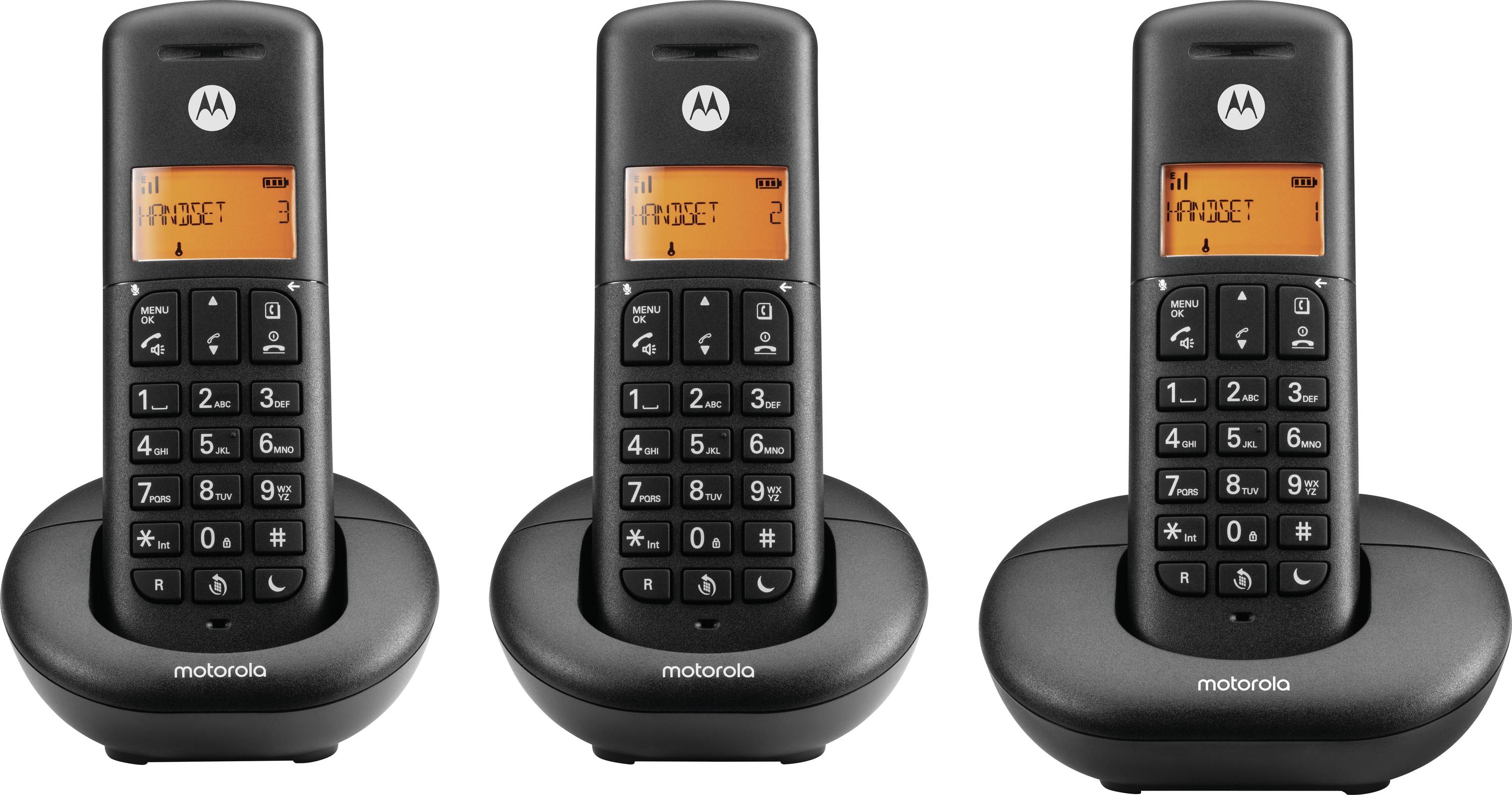 Three Motorola cordless phones with black charging bases, shown front view on a white background.