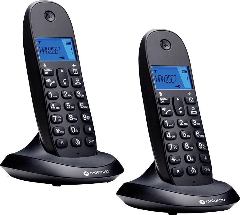 Two black Motorola cordless phones on charging bases, each with blue backlit screens and keypad buttons.
