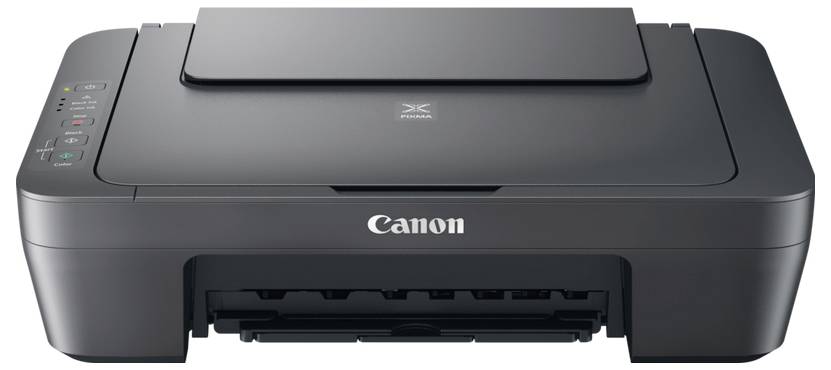 A black Canon printer with a scanner lid on top and control buttons on the side.