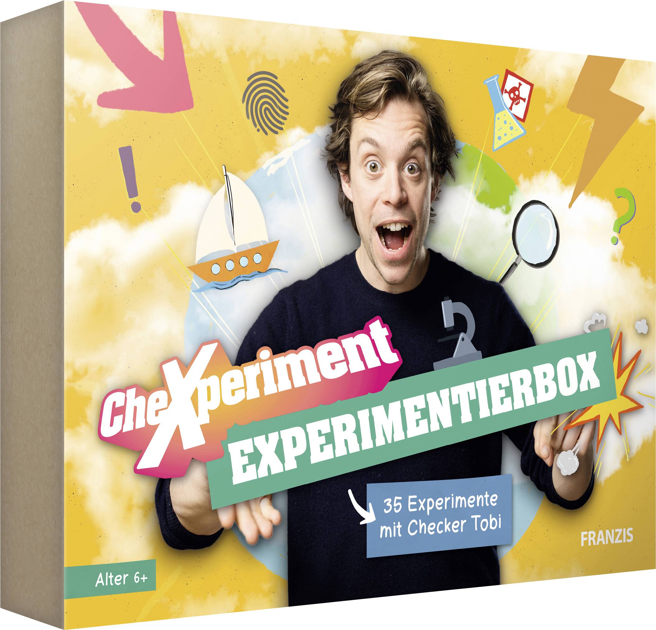 'CheXperiment Experimenteirbox' packaging features a person excitedly gesturing, colorful symbols, and the text '35 Experimente mit Checker Tobi'. Suitable for ages 6+.