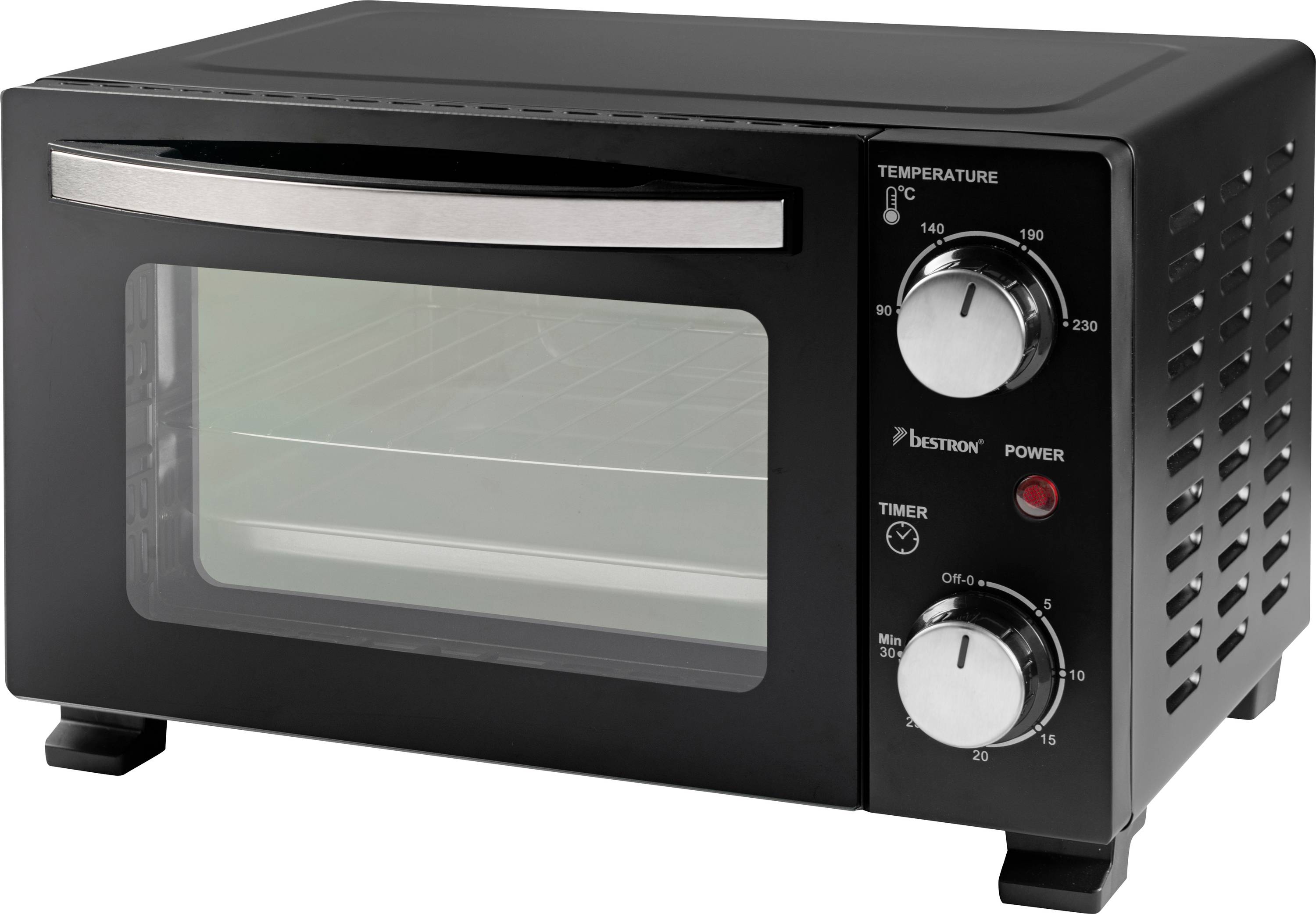 A black countertop oven with a silver handle. The oven features temperature and timer dials, and a power indicator light on the right.