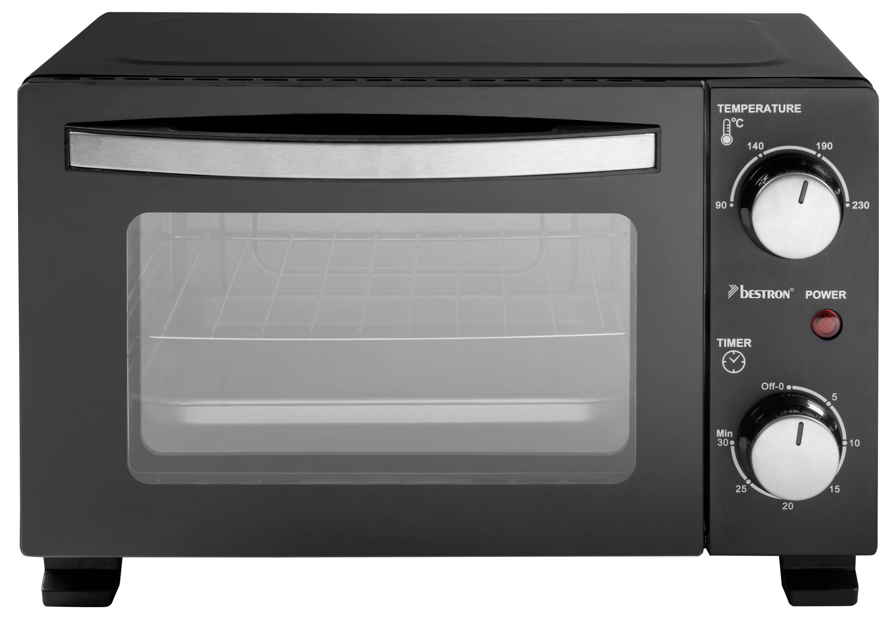 Black countertop oven with a front glass door, two control knobs on the right for temperature and timer settings, labeled 'Bestron'.