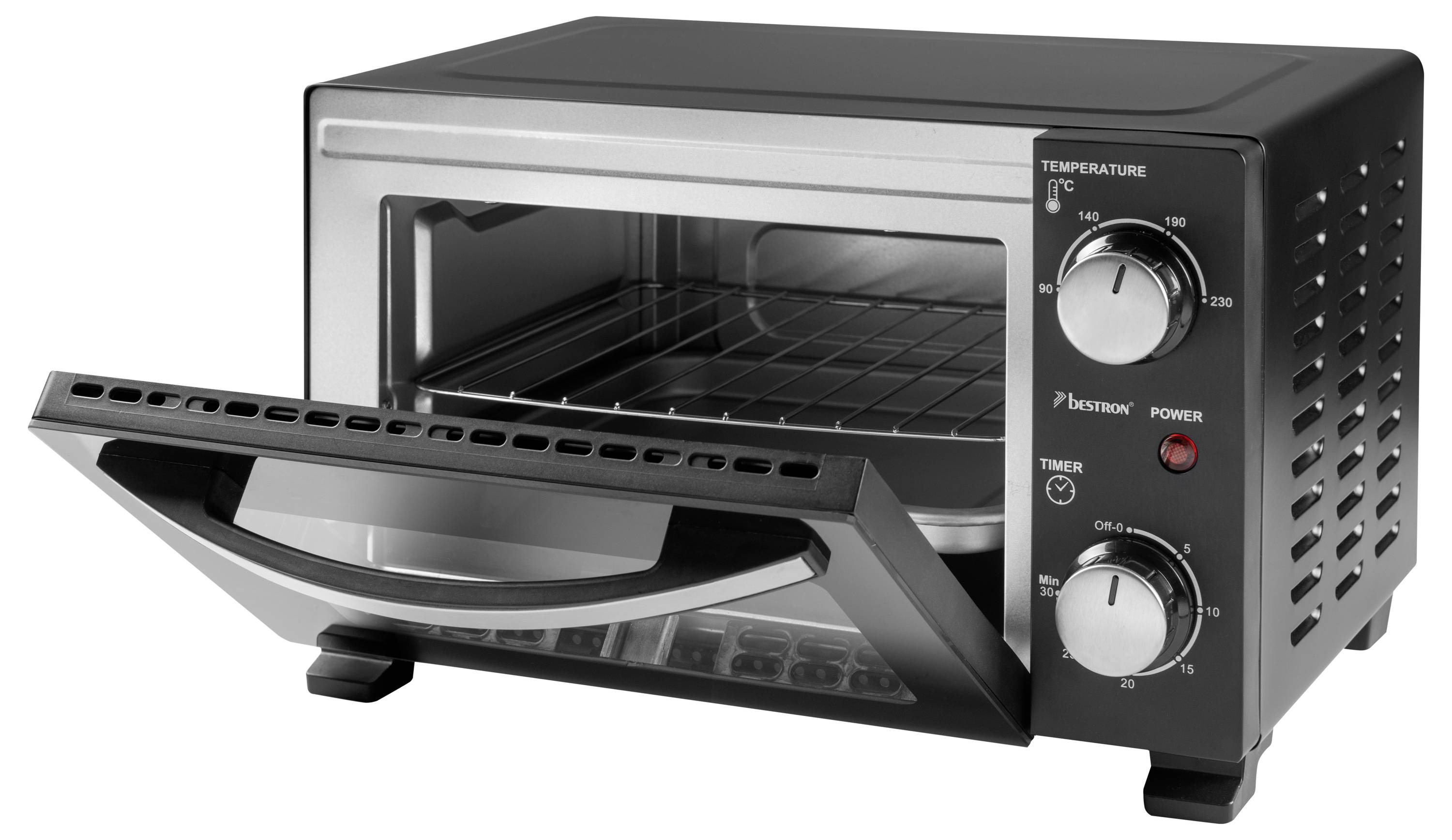 A black toaster oven with an open door, showing a metal rack inside. The front panel has temperature and timer dials.