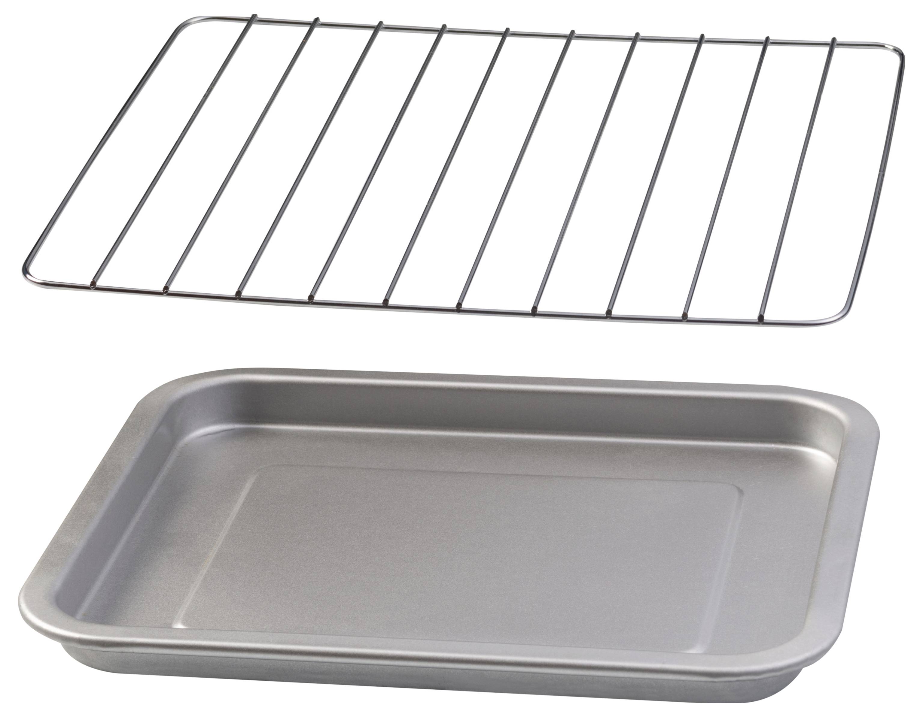 Oven rack and baking tray; the rack has horizontal bars, and the tray is rectangular with raised edges, both used for baking.