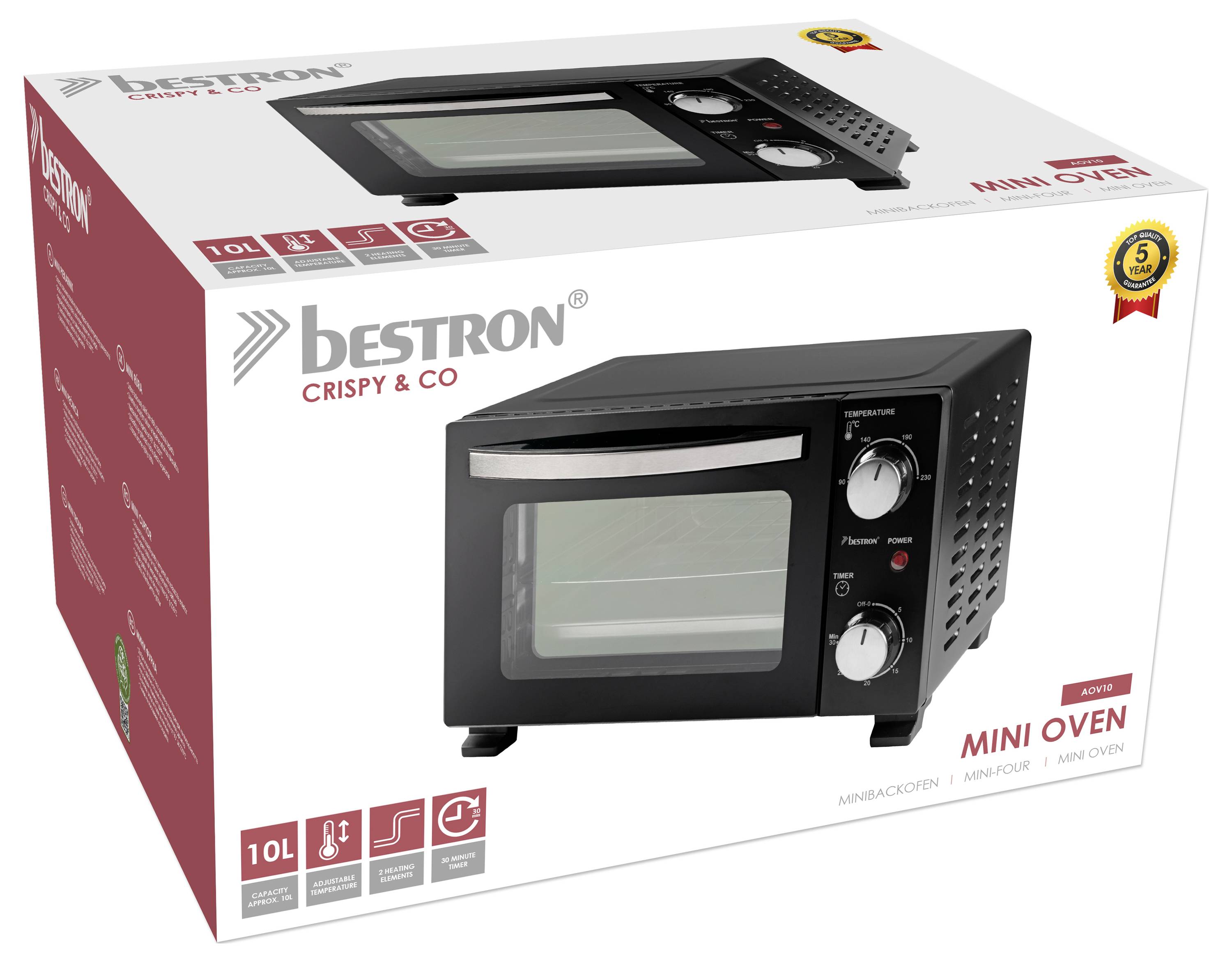 A box displaying a 'Bestron Mini Oven' with product image, brand logo, 10L capacity icon, 1300W power, and energy efficiency badge.