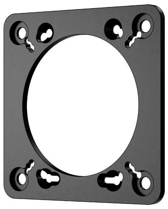 A black, square metal bracket with a large central circular cut-out and four circular holes near the corners.