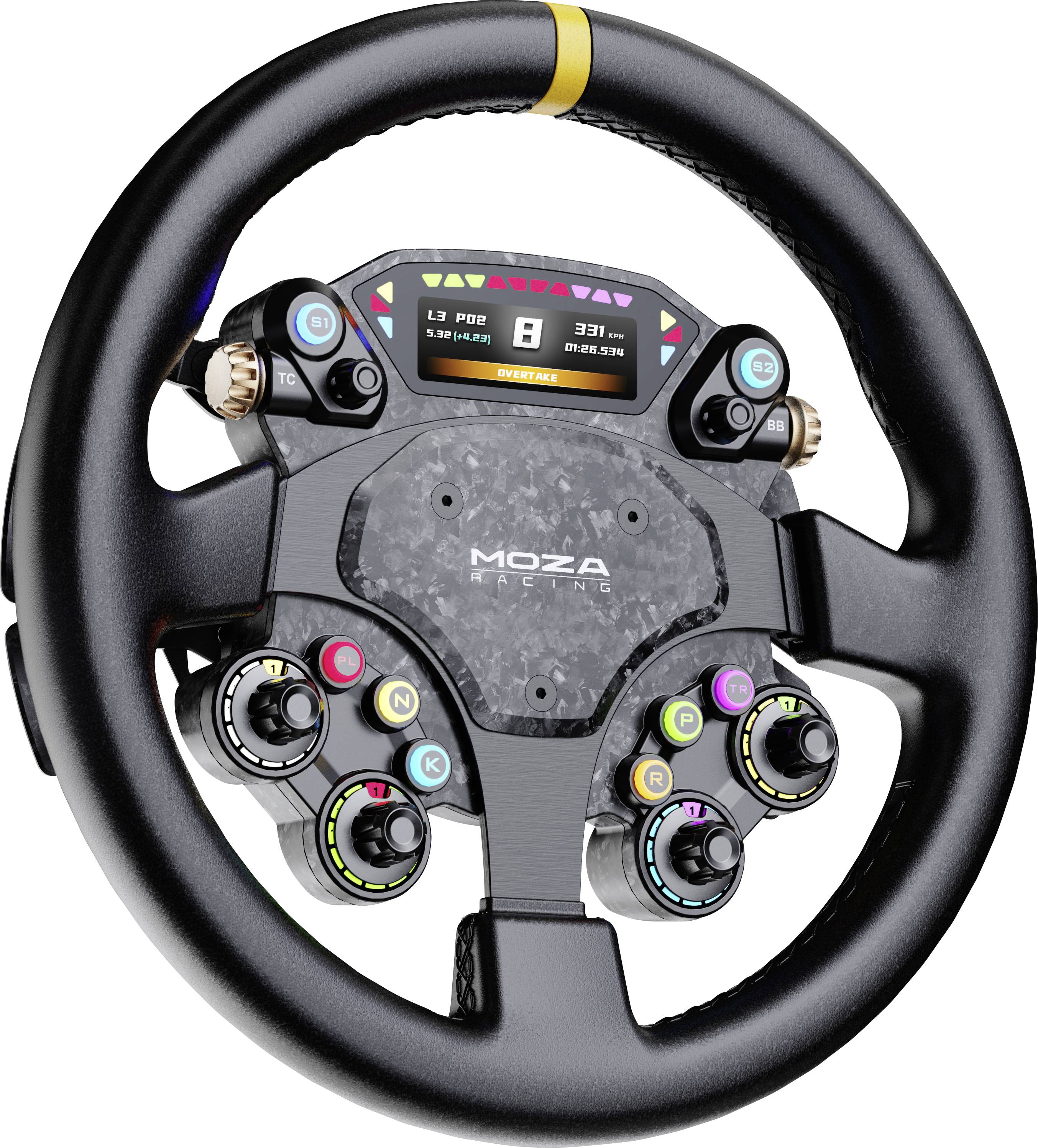 A racing simulator steering wheel with multiple buttons and a display screen, designed for precision control in racing games.