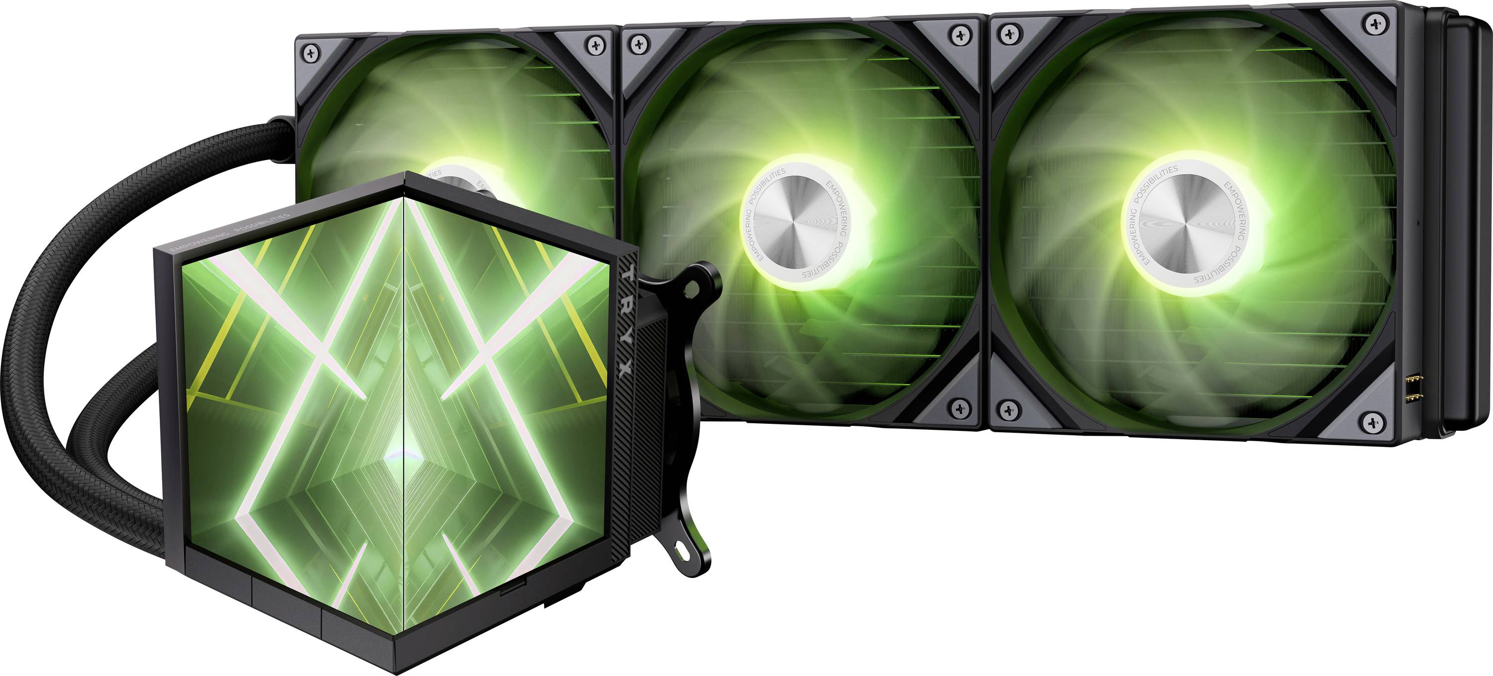 Liquid cooling system with three large fans and a hexagonal central unit displaying green light patterns, designed for PC hardware.