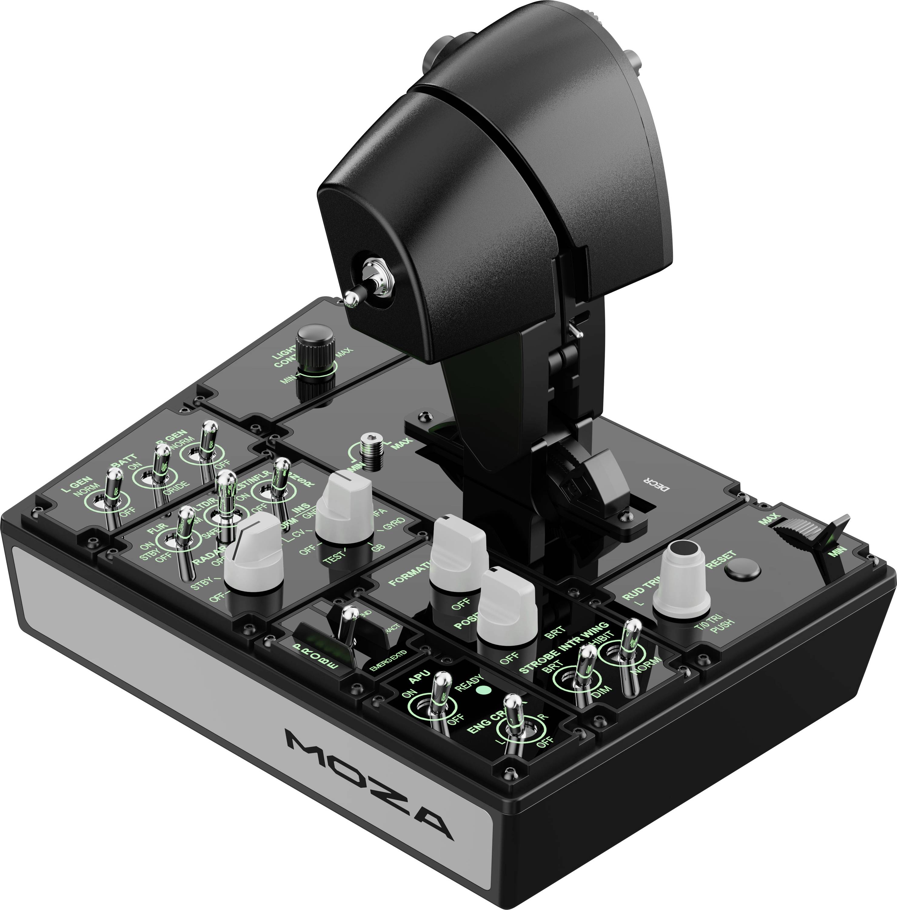 'MOZA' branded control panel with multiple switches and knobs, featuring a joystick for adjusting settings.