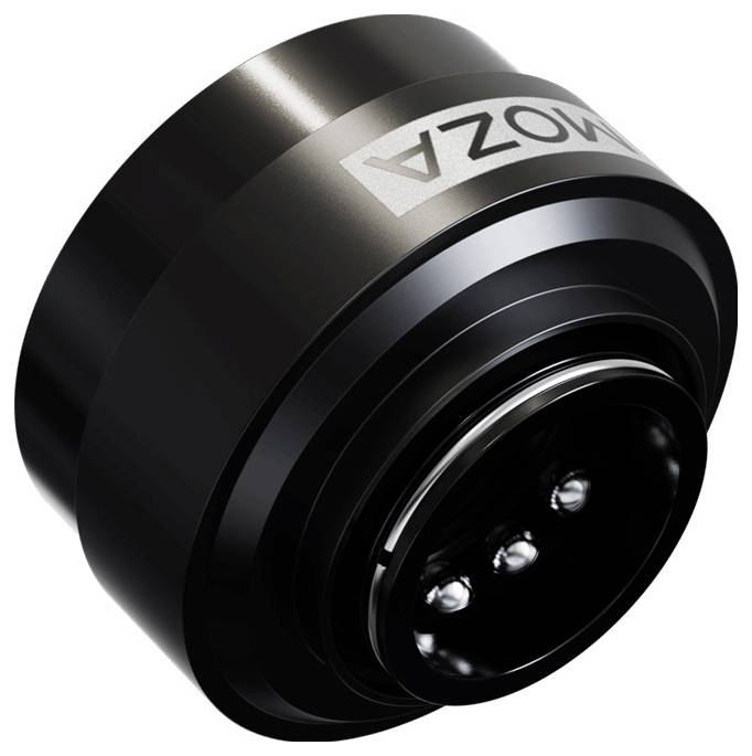 A close-up image of a black, round, ribbed electrical connector with three visible metal pins inside, labeled 'MOZA' on the side.