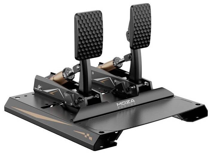'MOZA Racing Pedal Set' with two textured, adjustable pedals on a sleek black base, designed for realistic racing simulation.