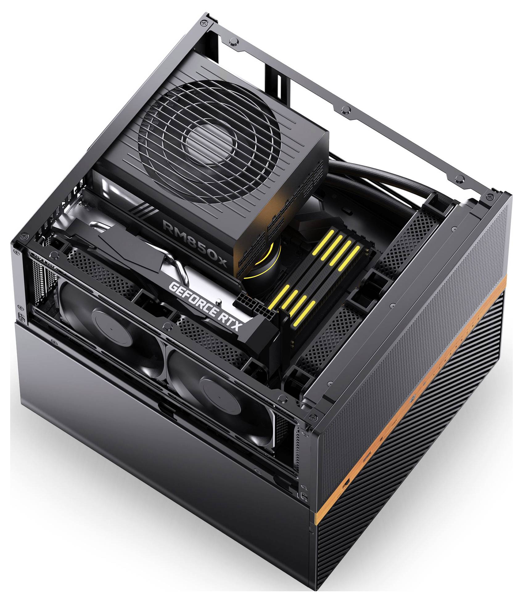 A compact, open computer case with a visible power supply unit and a GeForce RTX graphics card inside.