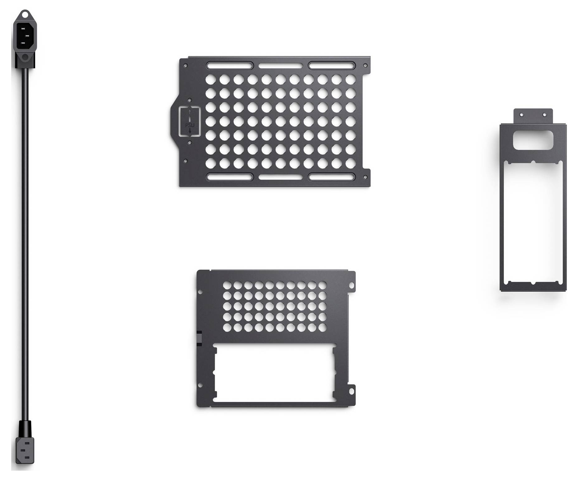 Black computer case brackets and cable on a white background, with a focus on different panel designs and configuration options.