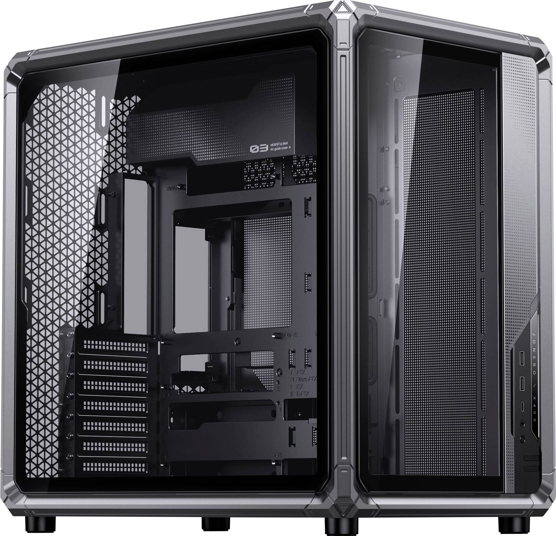 A sleek black computer case with a transparent side panel and mesh front, designed for showcasing internal components and cooling.