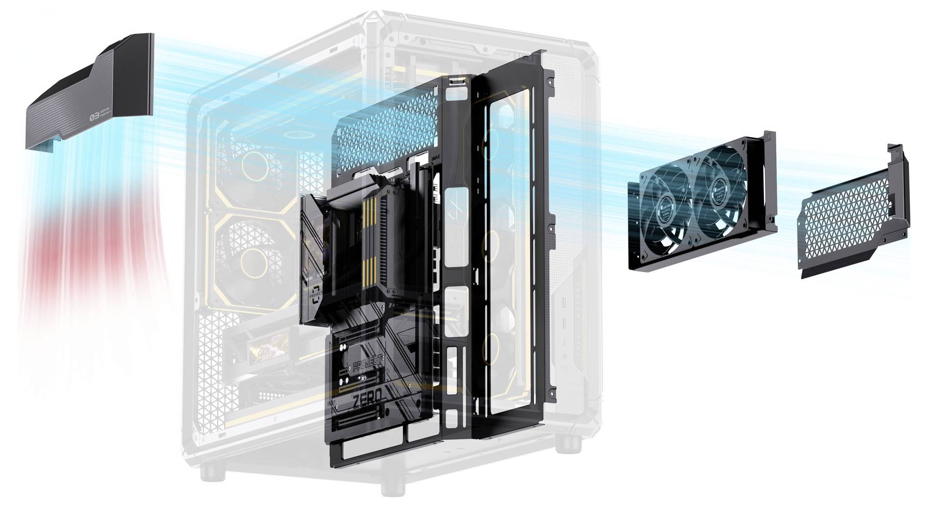 A transparent computer case showcasing an illuminated cooling system with several orange LED fans and a visible digital display.