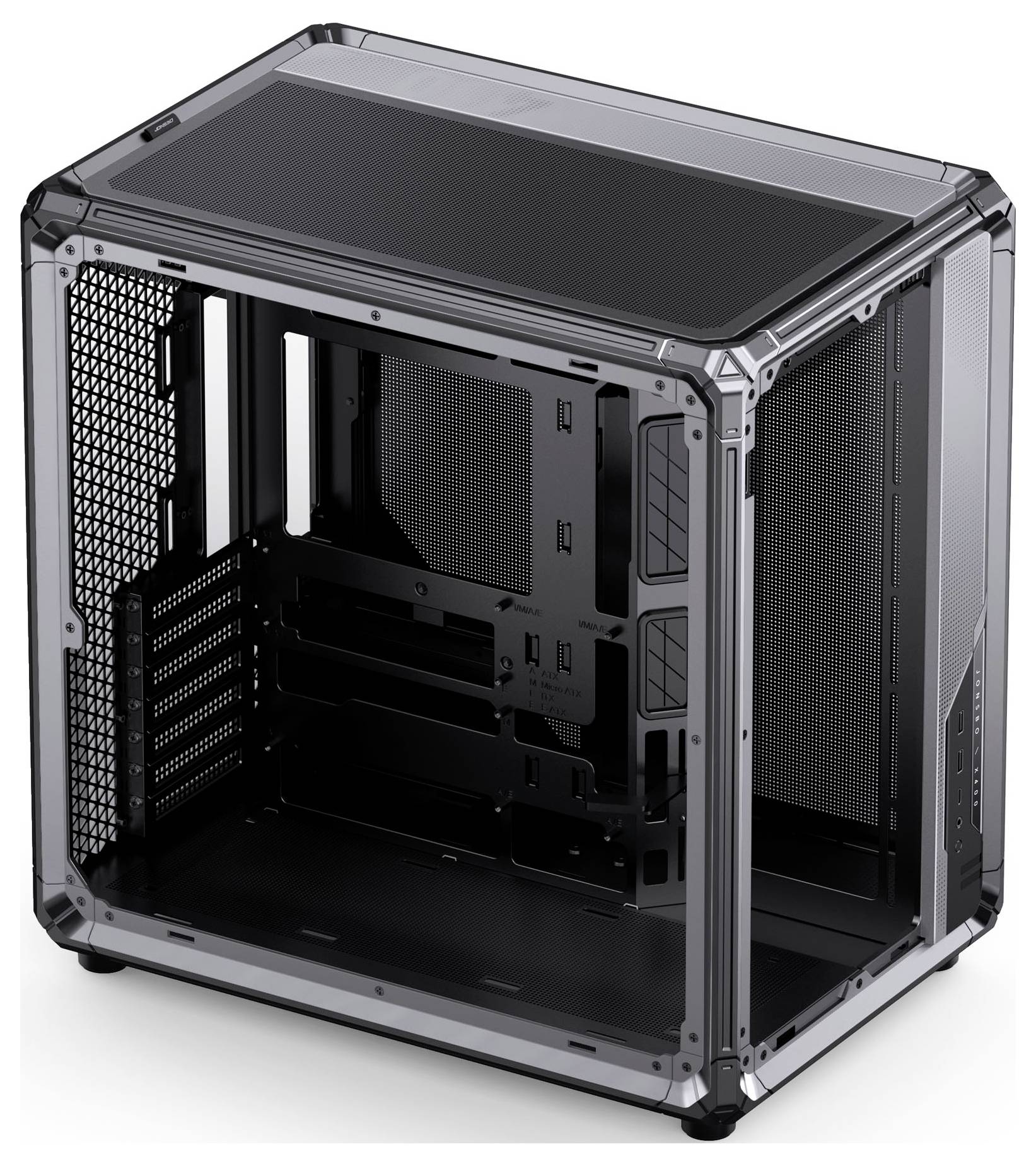 A black computer tower case with a transparent side panel, showing internal bays for components and a mesh panel for ventilation.
