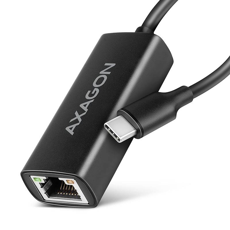 AXAGON USB-C to Ethernet adapter with attached cable, showing a USB-C plug and RJ45 network port.