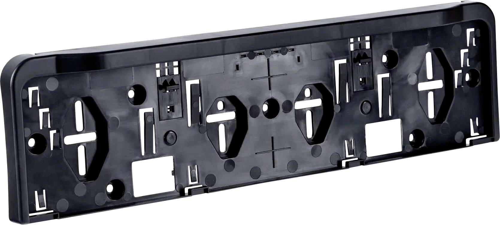 Black plastic mounting bracket with multiple cutouts, holes, and slots, shown on a white background.