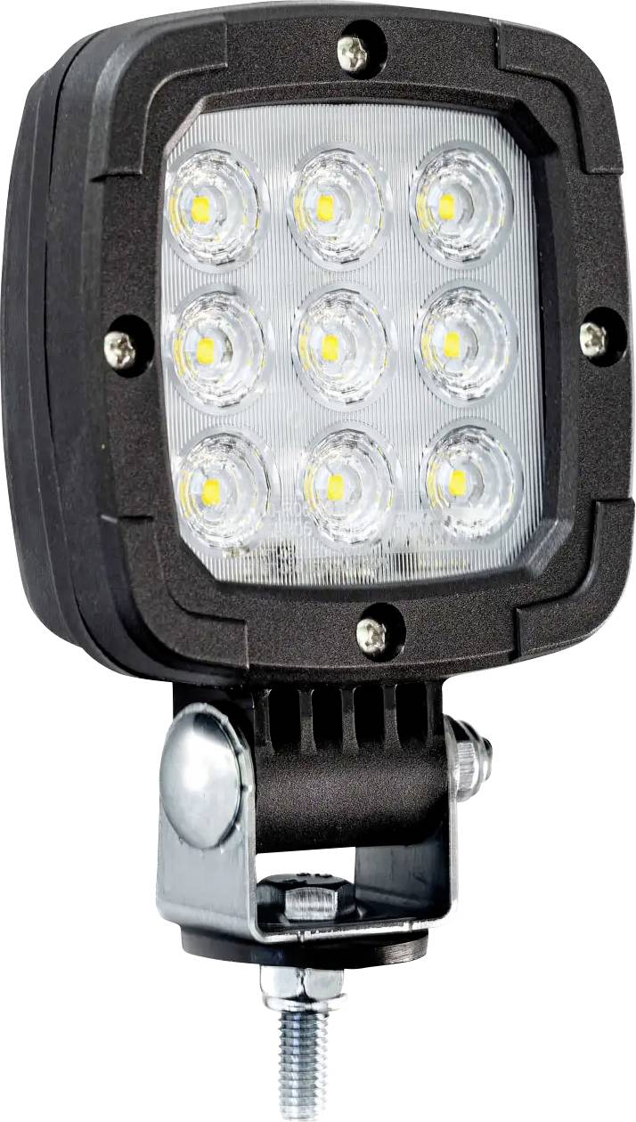 Square LED work light with nine LEDs in a black adjustable mounting bracket and bolt base