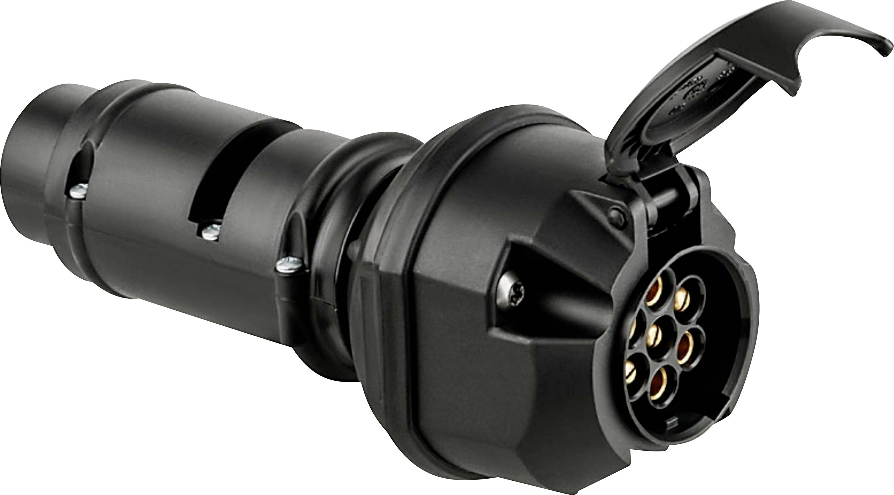 Black industrial circular electrical connector with seven-pin socket and hinged protective cap, shown on white background.
