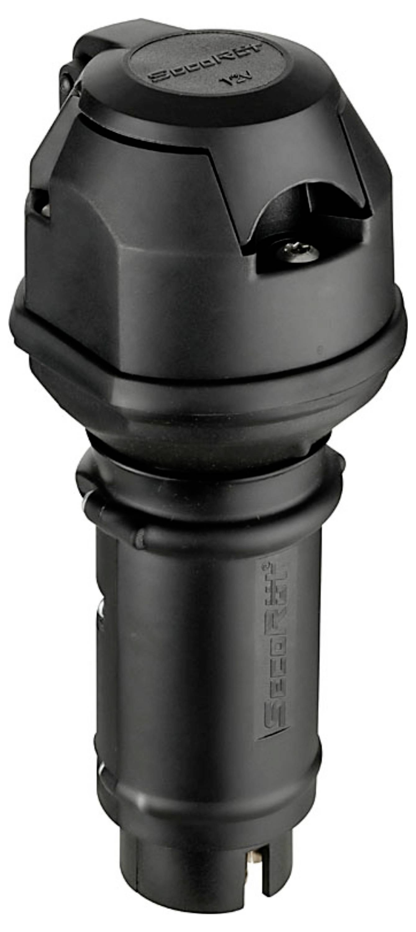 Black 12V electrical connector plug with a rounded cap and cylindrical body, shown on a white background.