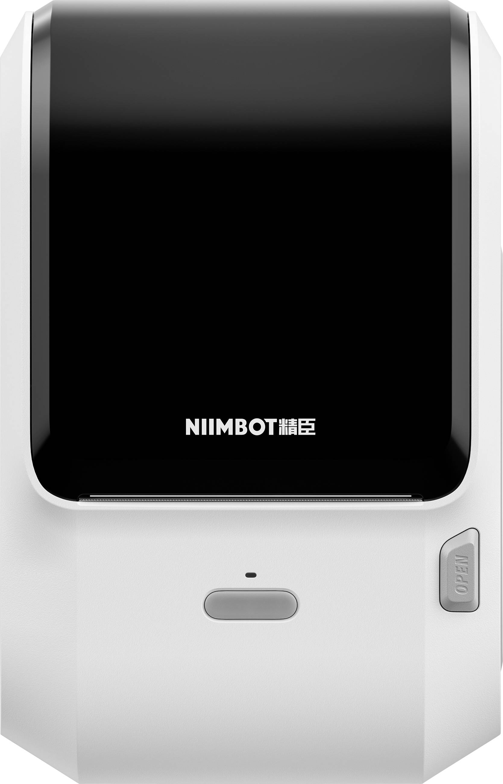 Compact NIIMBOT label printer with a black front panel and white body, shown closed with an 'OPEN' side latch and small status light.