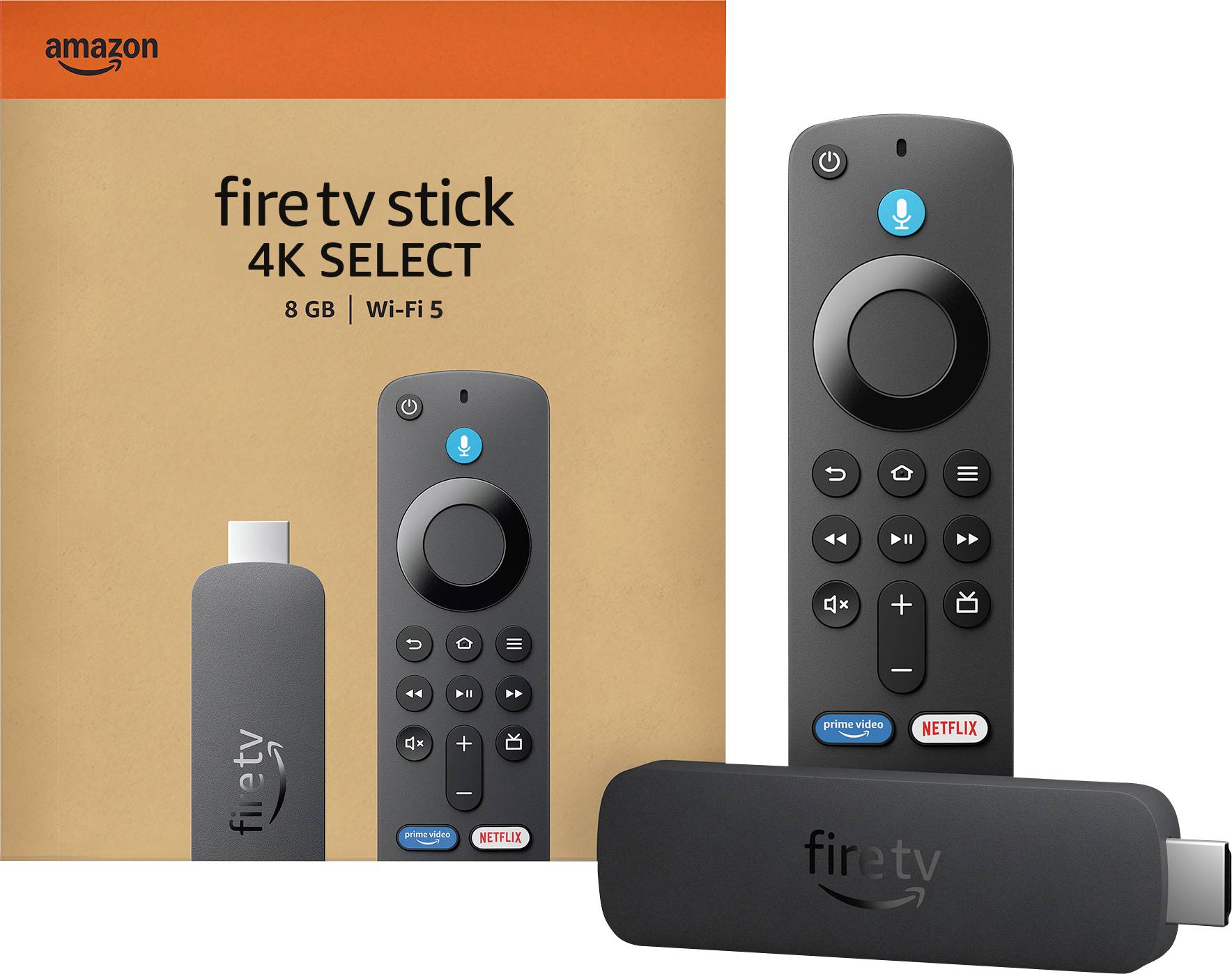 'Amazon Fire TV Stick 4K Select' package with remote and stick shown. Features include Alexa voice control, 8 GB storage, Wi-Fi 5.