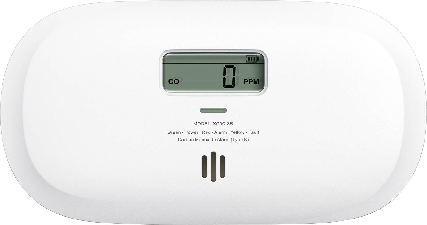 A carbon monoxide alarm with a digital display shows 'CO 0 PPM', indicating no carbon monoxide detected. Various status lights are below.