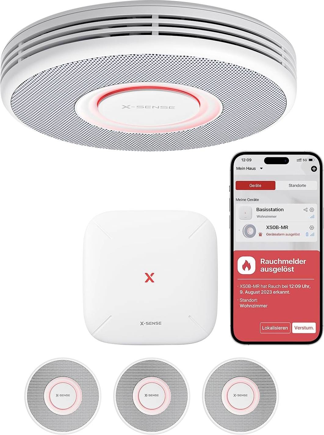 A smart smoke detector system is displayed with a main device, three smaller units, and a smartphone showing a smoke alert notification.