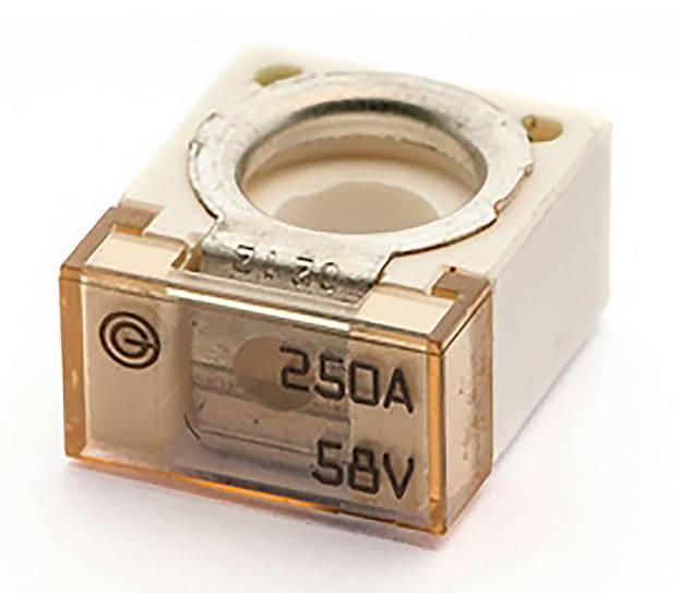 A square electrical fuse rated at '250A 58V', featuring a metal ring and clear casing for easy visibility of the internal filament.