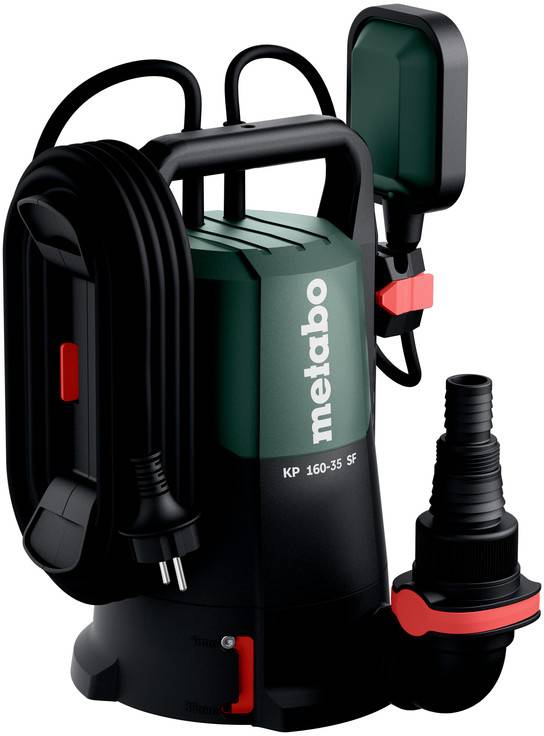 Electric submersible pump with float switch, hose adapter, and power cord, shown in product view on white background.
