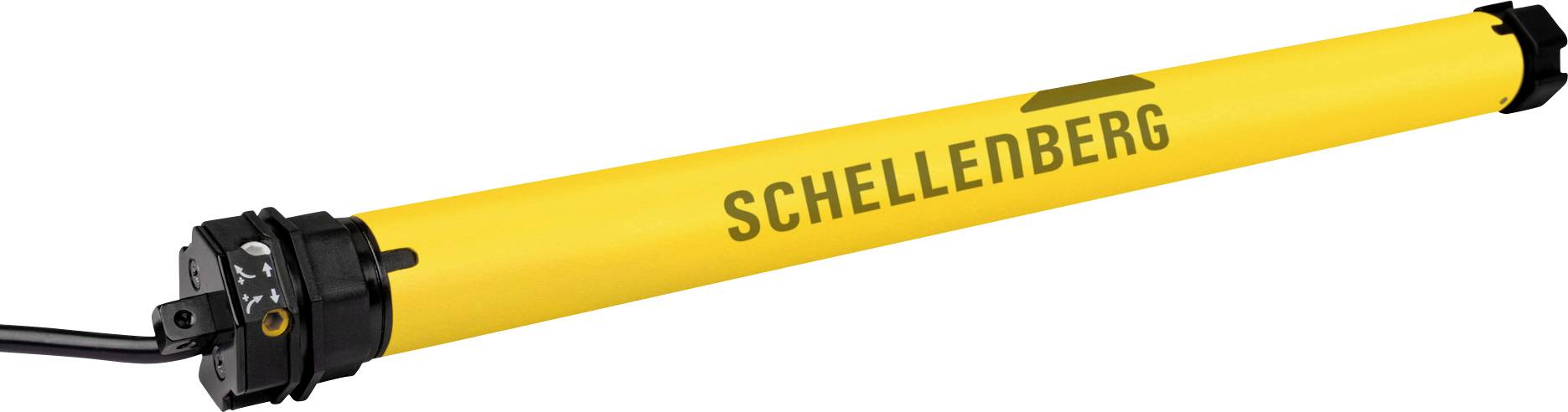 A yellow motor tube labeled 'Schellenberg' with black end cap and attached cable, used for operating roller shutters.
