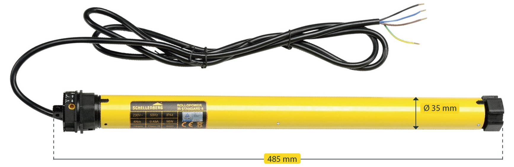 A yellow tubular motor with a diameter of 35 mm and a length of 485 mm, featuring a black electrical cord extending from one end.