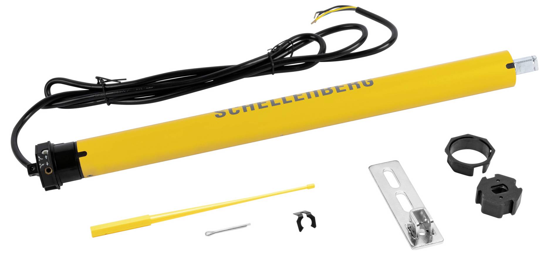 Yellow motor tube labeled 'Schellenberg' with attached cable, mounting brackets, and an installation tool. Used for rolling shutters.