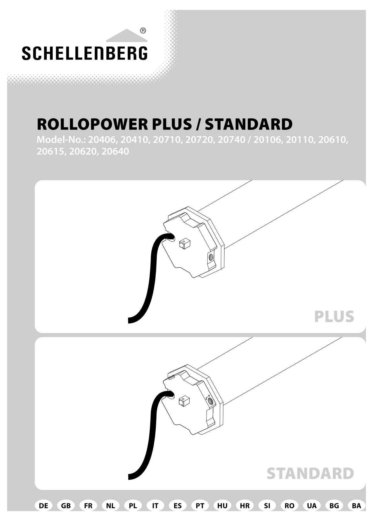 'Schellenberg Rollopower Plus/Standard' motor illustration shows wiring arrangement for two models. Model numbers are listed below.