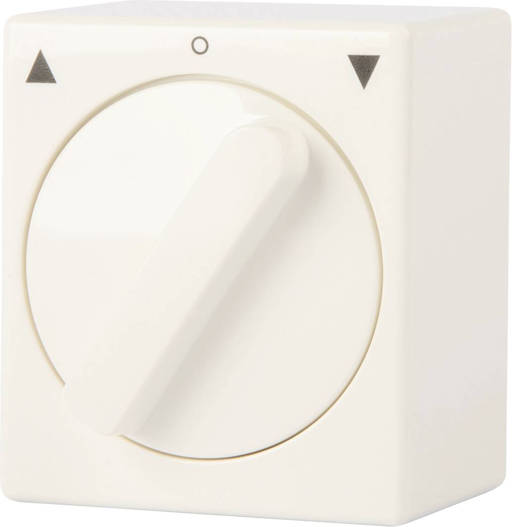 A white rotary switch with an up arrow and a down arrow, indicating adjustable settings, on a square panel.