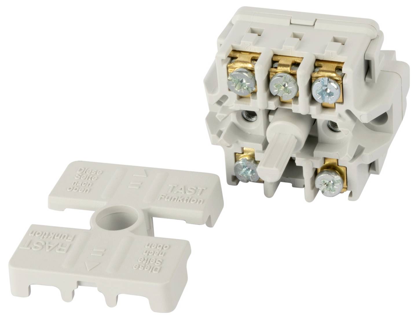A white electrical switch component with multiple screw terminals, used for circuit connection, shown with detachable mounting plates.
