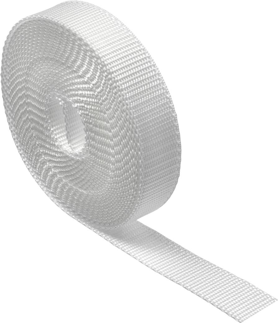 A roll of white nylon webbing, coiled with one loose end extending outward, used for straps or belts.