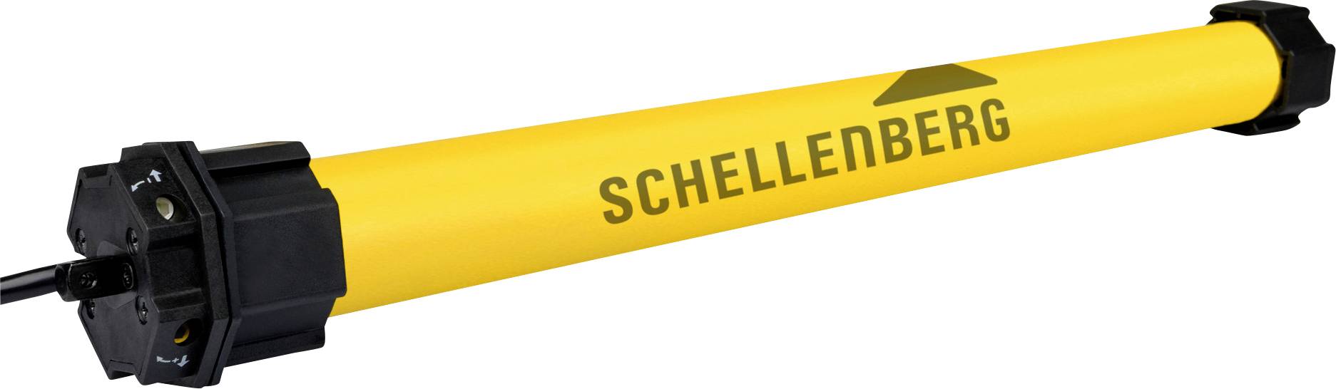 A yellow cylindrical motorized roller tube with 'SCHELLENBERG' printed in black, used for operating window blinds or shutters.