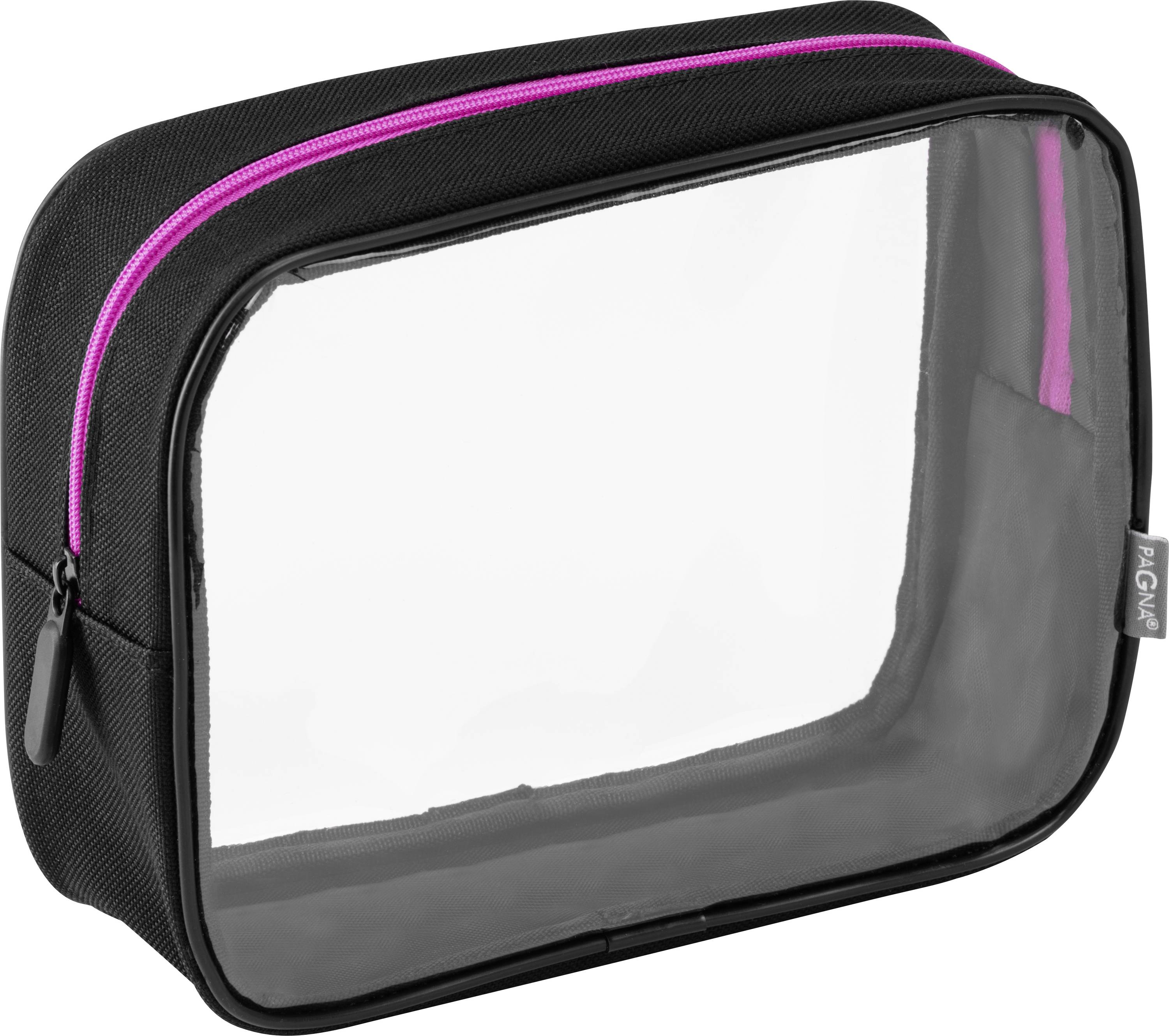A small black rectangular travel pouch with a transparent front and a pink zipper, used for organizing toiletries or small items.
