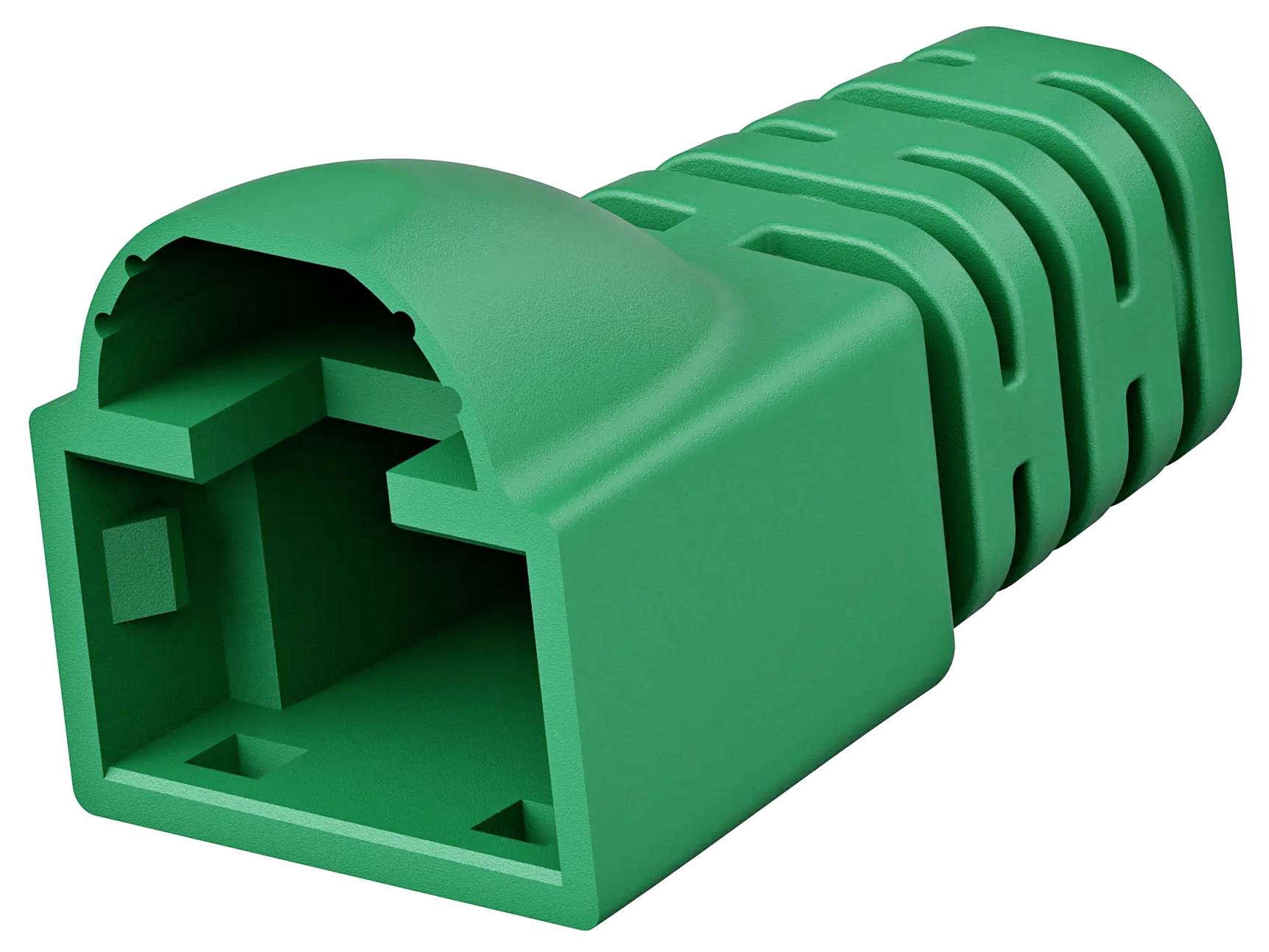 Green Ethernet cable connector plug, shown in close-up on a white background.