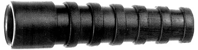 Black ribbed hose connector fitting with a wider opening on one end and ridged tapered body on a white background